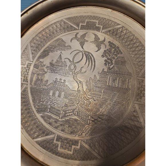 Vintage asian copper Tray | Heavy | Etched Floral Pattern | Birds | Geis… - Picture 6 of 10